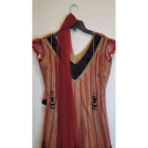 2-Piece Indian‎ Anarkali / Pakistani Midi Dress and Scarf Set in Red/Gold